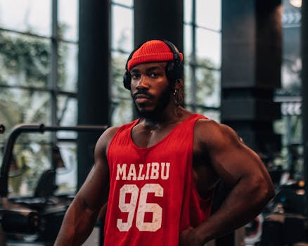 Muscular man wearing red gym attire and headphones at an indoor gym.