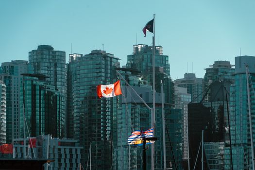 A view of Vancouver's glassy skyscrapers with Canadian and British Columbia flags waving in the foreground.