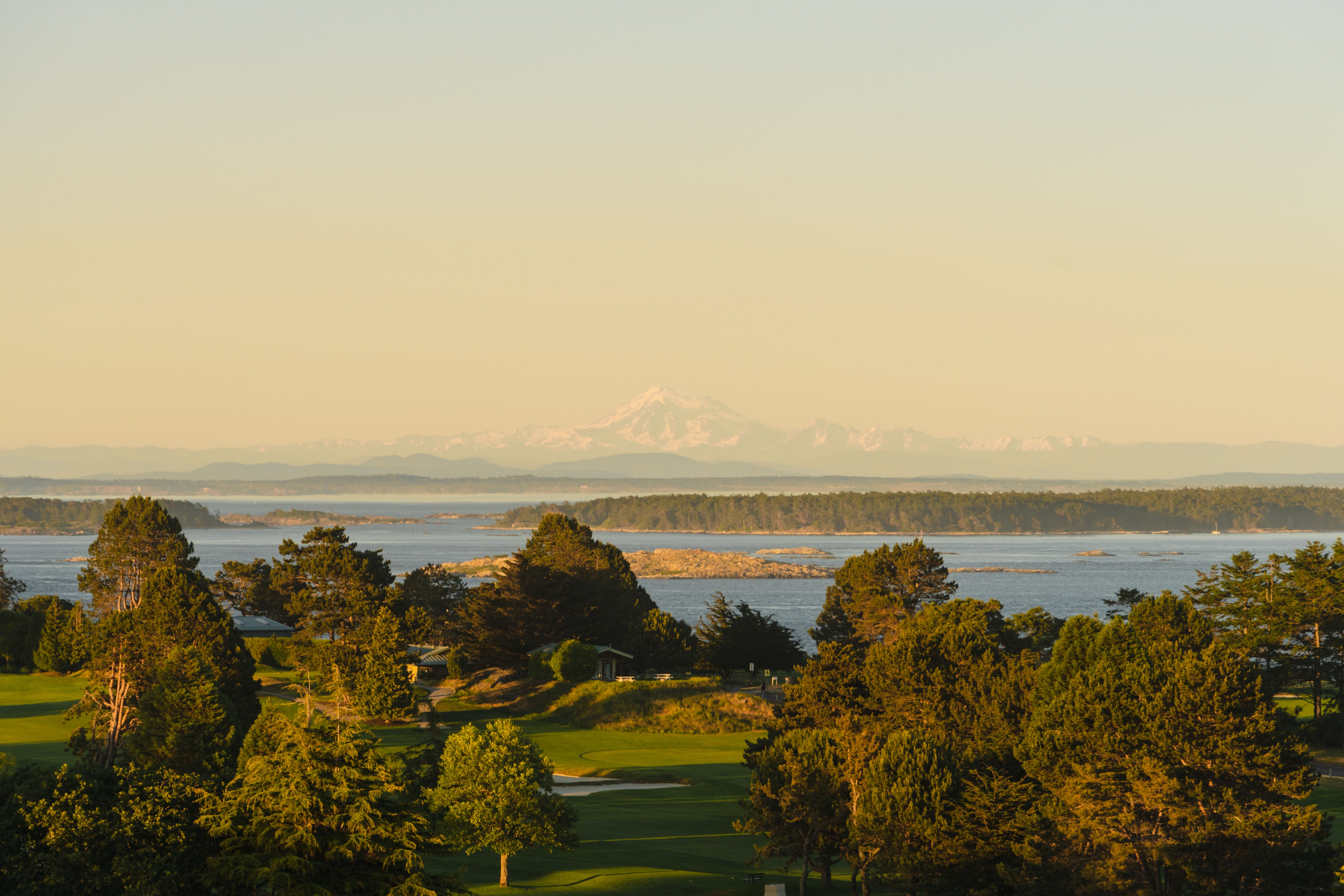 A picturesque view of Oak Bay, British Columbia, showcasing lush greenery, calm waters, and distant mountains under a warm sunset glow.