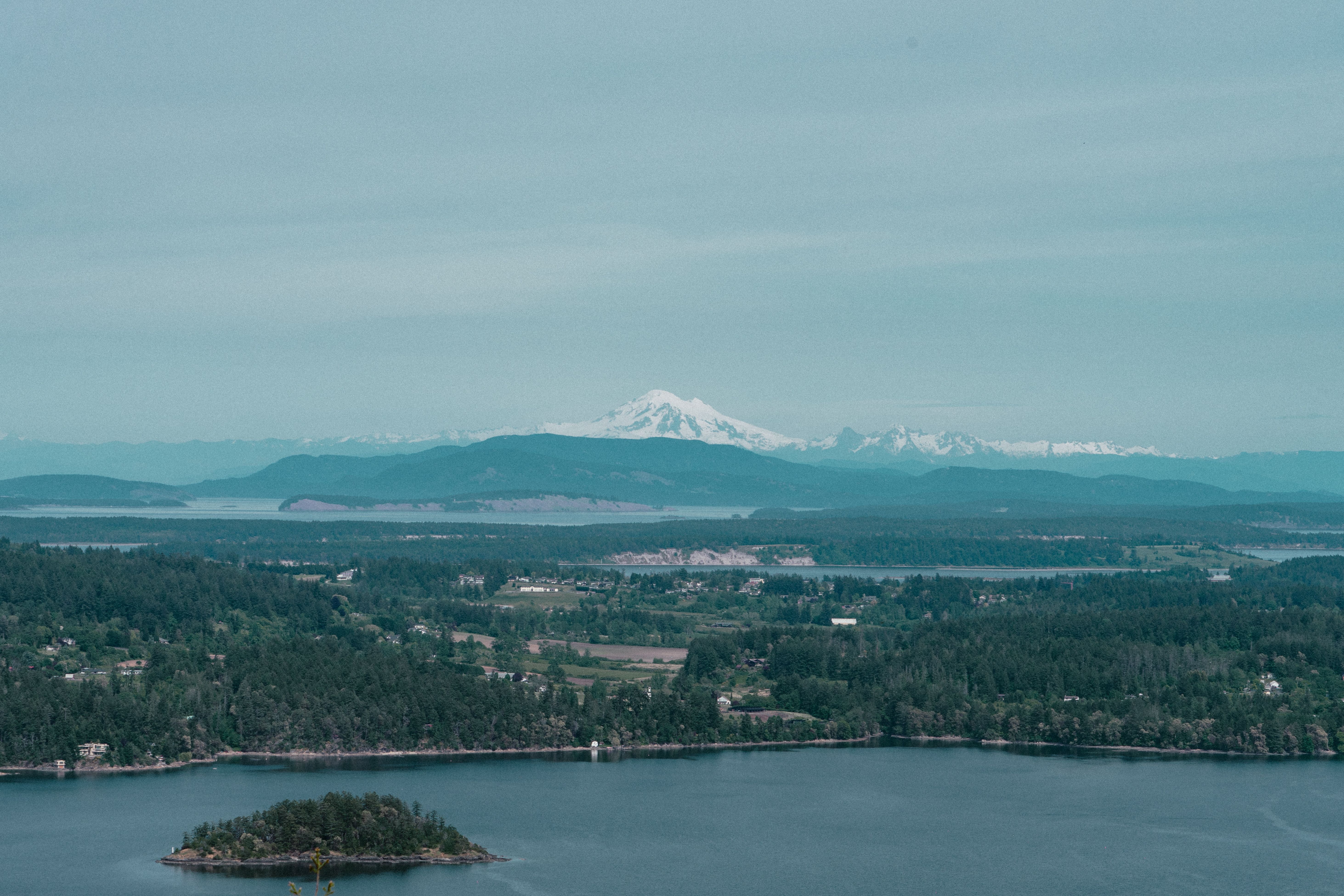Panoramic view of islands and mountains from Malahat, BC, Canada.