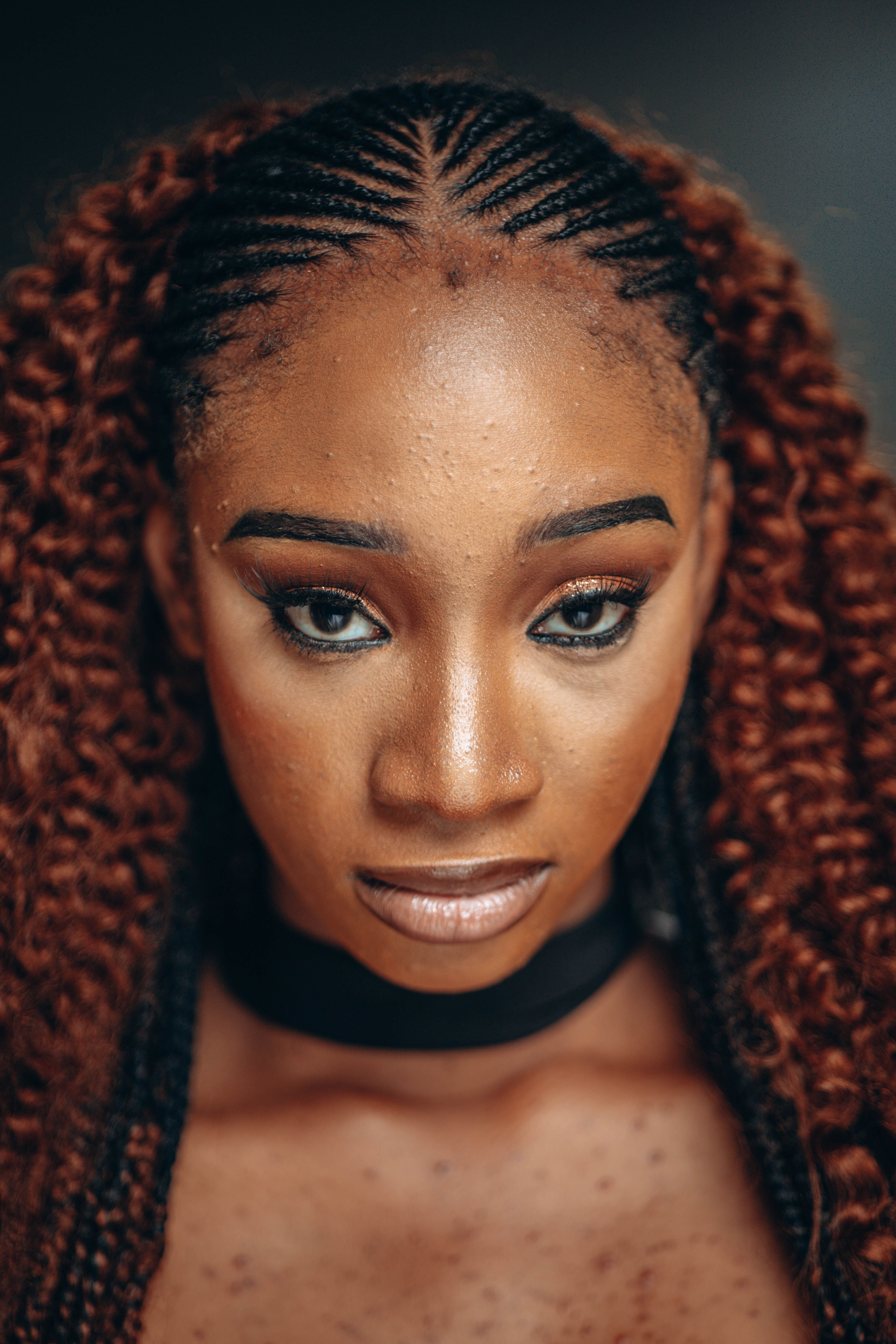 Copper Cornrows With Curly Ends — a hair look on BLK GLO