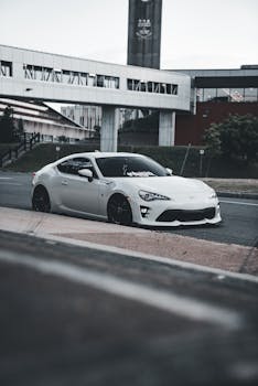 Stylish white sports car parked beside modern architecture, highlighting urban elegance.