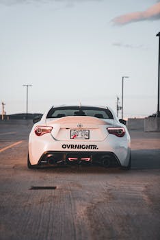 A stylish white sports car parked on a rooftop at sunset in an urban setting. Perfect for automotive enthusiasts.
