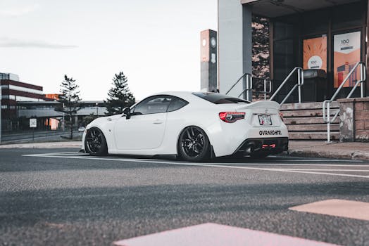 A sleek white sports car parked near a modern building on a quiet urban street.