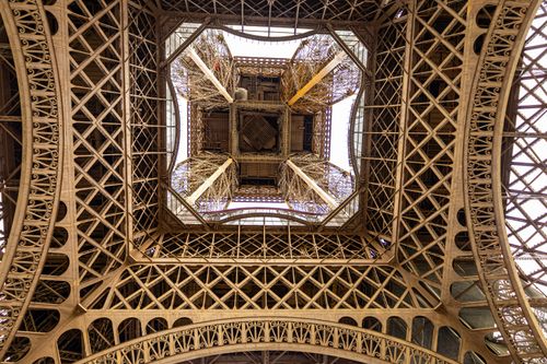 Free A captivating under-view of the Eiffel Tower showcasing its intricate lattice design. Stock Photo
