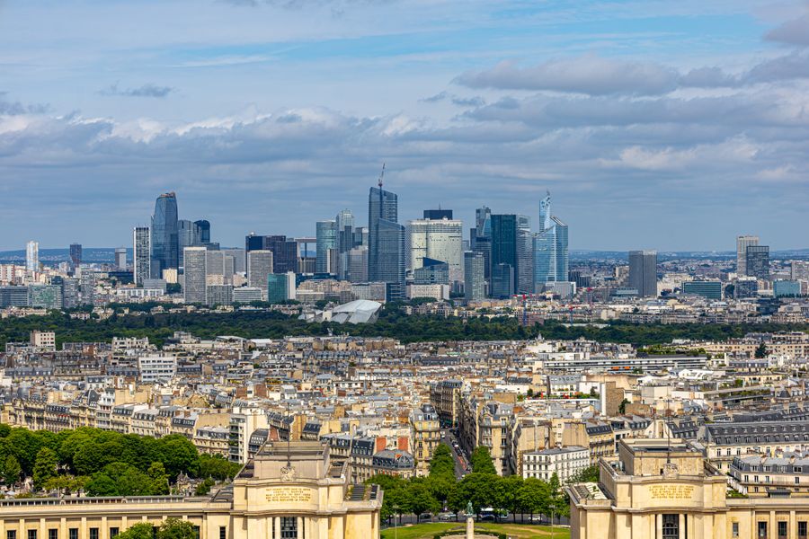 Aerial view of the La Defense business district skyline in Paris