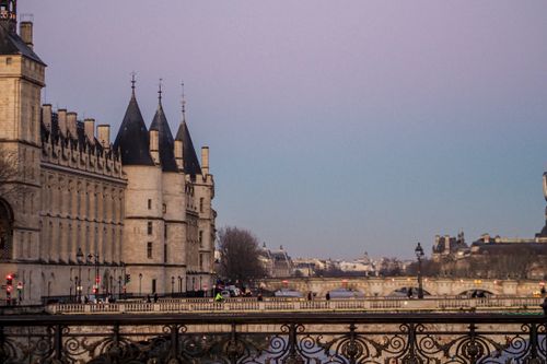 Free Elegant architecture along the River Seine, Paris during a quiet autumn evening. Stock Photo