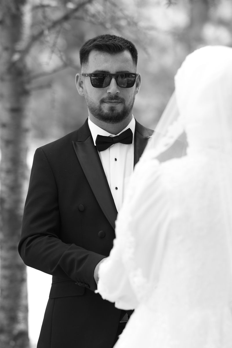 Elegant black and white outdoor wedding portrait