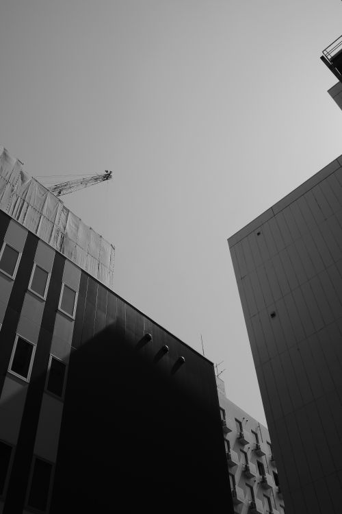 Free A captivating black and white photo featuring modern urban architecture with geometric shapes and a crane in the background. Stock Photo