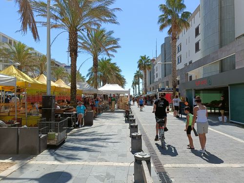 Free Bustling market street in Agde, France with palm trees and vendors on a sunny day. Stock Photo