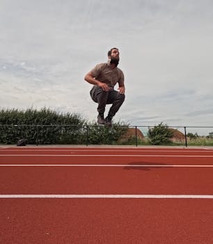 Athlete executing a high jump outdoors on a red running track.