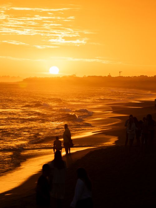Free A vibrant sunset highlights silhouettes along Punta del Este's scenic shoreline. Stock Photo