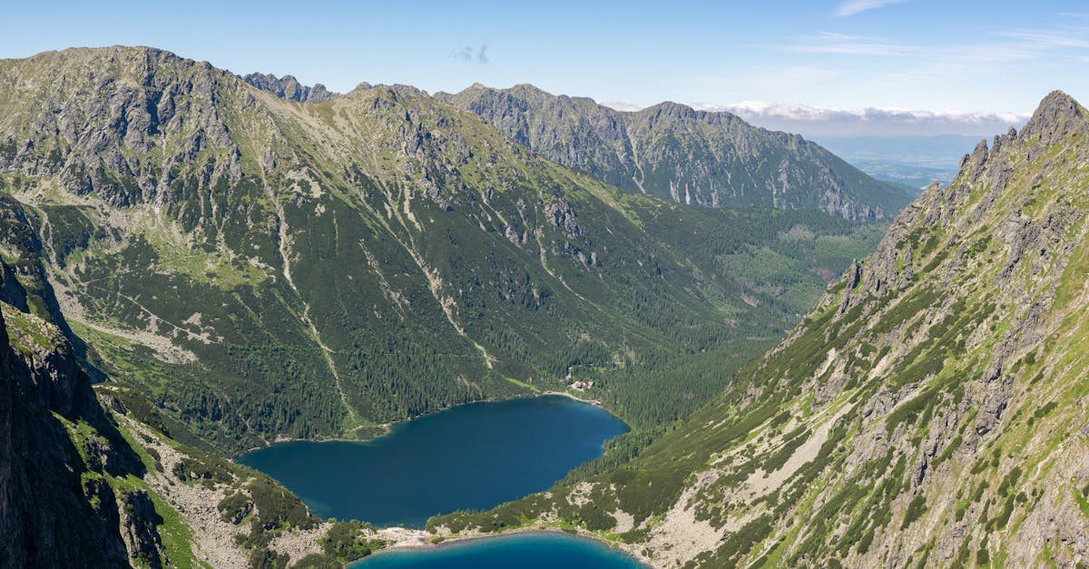 Panoramic view of mountain lakes and peaks in Tatra National Park, Zakopane, Poland.