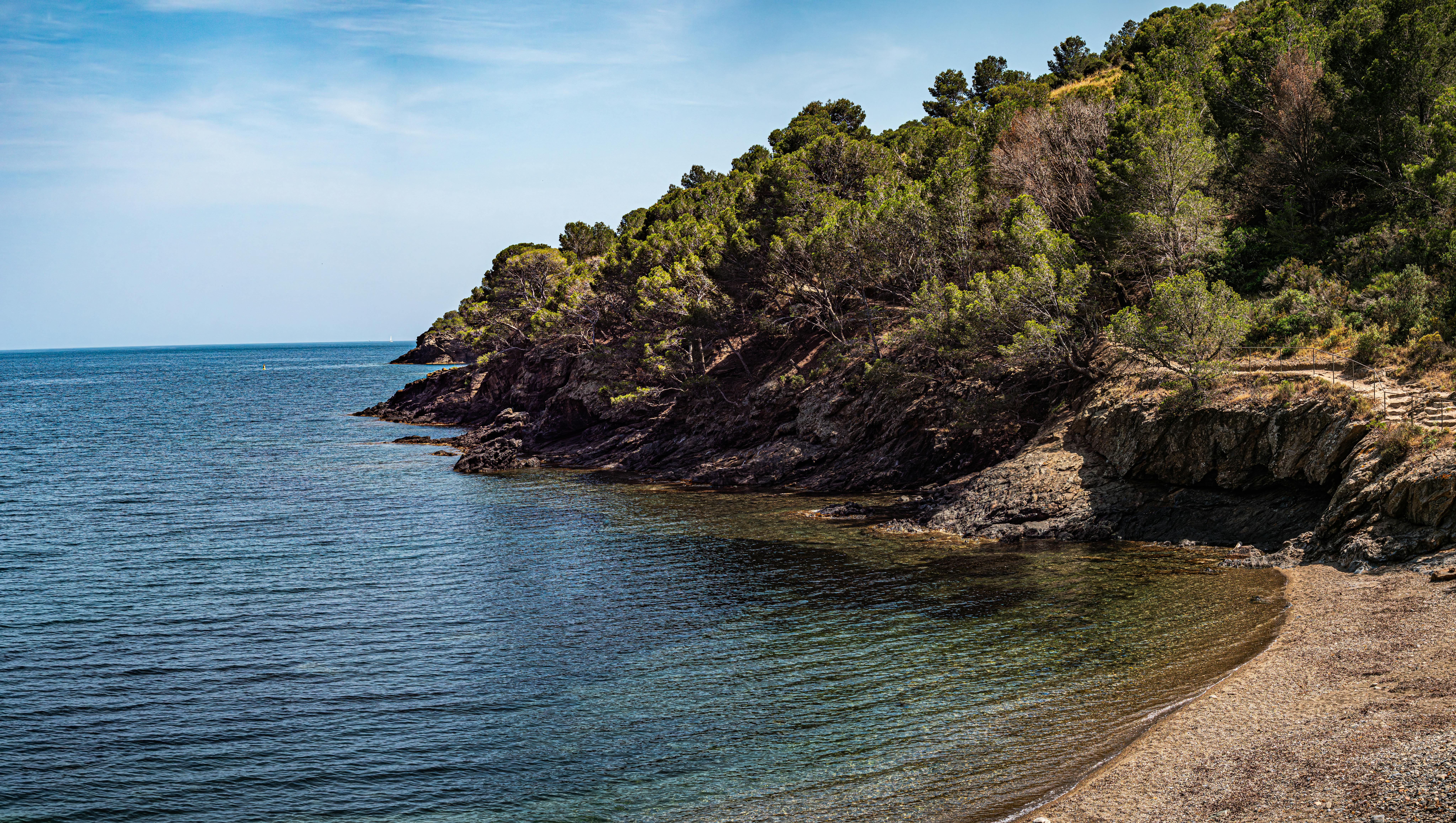 Breathtaking coastal view in Roses, Catalunya with lush greenery and rocky shoreline. - Costa Brava