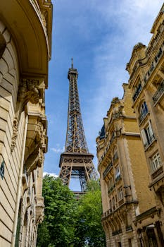 View of the Eiffel Tower amidst classic Parisian buildings under a clear blue sky.