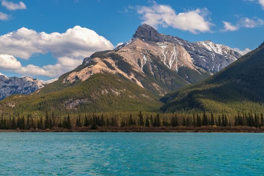Stunning panoramic view of mountains and lake in Kananaskis, Alberta, under a clear summer sky.