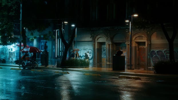 Quiet rainy night in Mexico City with people under umbrellas on a dimly lit street.