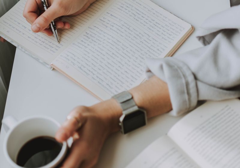 A person writing in a notebook at a desk while holding a coffee mug