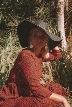 一位时尚女性身着红衣、头戴红帽，在户外自然光下摆姿势