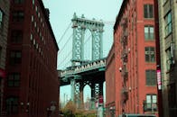 曼哈顿大桥的标志性景观由纽约布鲁克林的红砖建筑构成