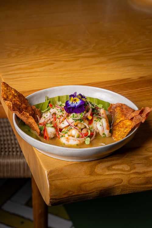 Free Delicious gourmet ceviche with shrimp and fresh garnishes, served with crispy tortilla chips on a wooden table. Stock Photo