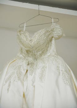 Close-up of a beautiful white wedding gown with intricate lace details hanging on a hanger.