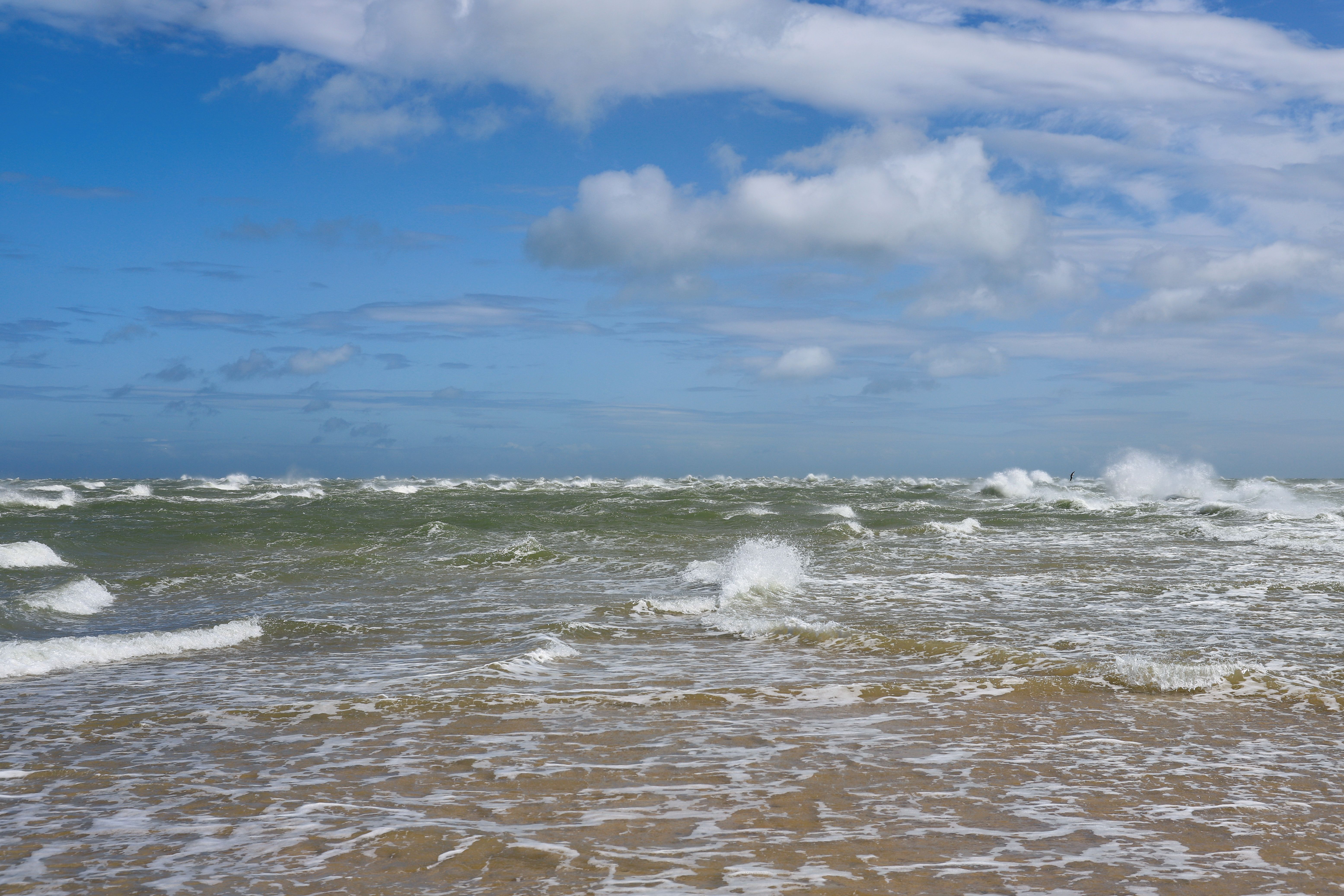 Windy day on the beach in Ostend, Belgium, with waves and distant figures