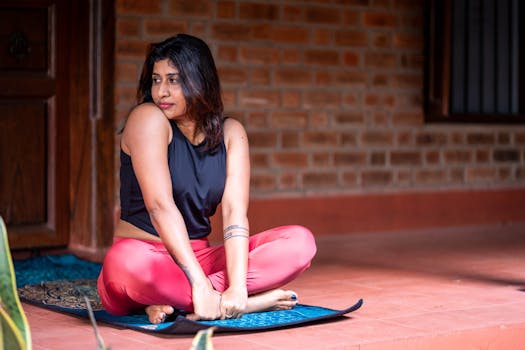 Young woman sitting on a yoga mat outdoors, dressed in vibrant workout gear.