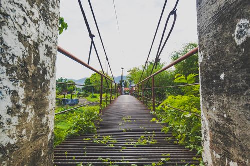 Free A rustic metal footbridge overgrown with plants, set in a verdant landscape, showcasing a serene outdoor view. Stock Photo