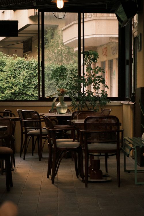 Free Inviting café interior with wooden chairs, abundant plants, and natural light. Stock Photo