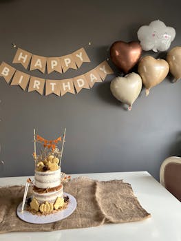Elegant birthday setup with a decorated cake, balloons, and "Happy Birthday" banner.