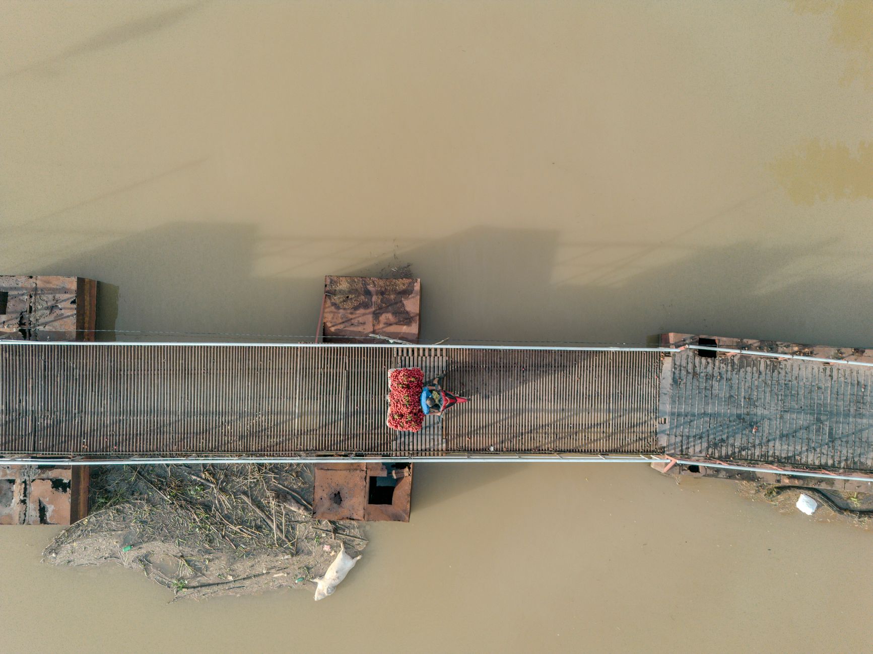 Aerial perspective of a lychee farmer crossing a bridge over a river in Bac Giang, Vietnam.