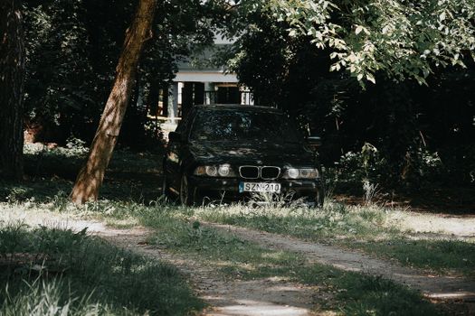 A sleek black car is parked amidst lush greenery, capturing a serene afternoon scene in Hungary.