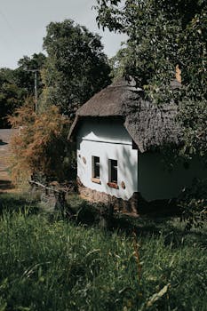 A picturesque traditional Hungarian cottage surrounded by lush greenery on a sunny summer day.