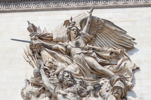 Free Close-up view of La Marseillaise sculpture on the Arc de Triomphe in Paris, depicting passionate French revolutionaries. Stock Photo