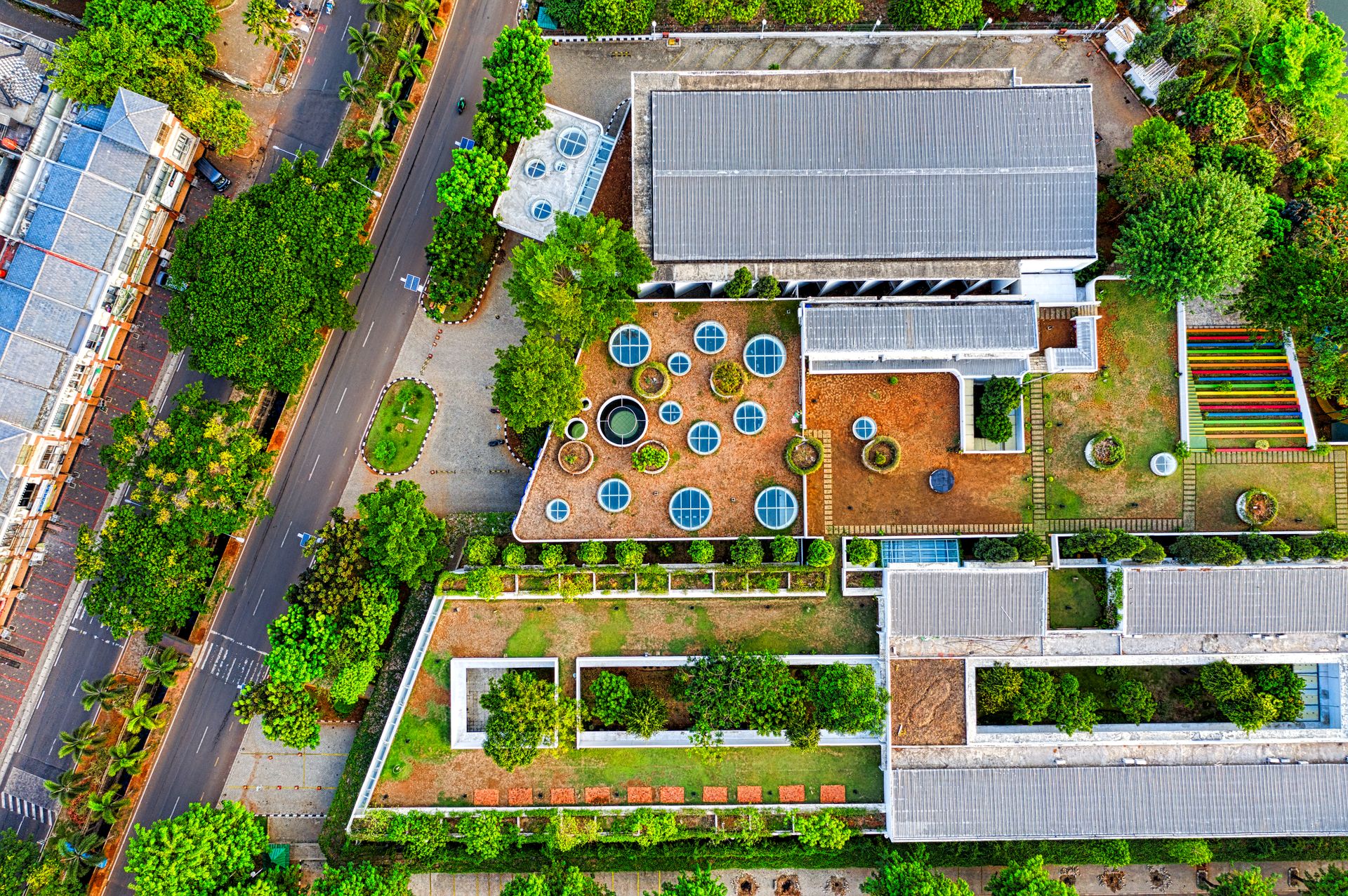 Vibrant aerial shot showcasing urban architecture and green spaces in Banten, Indonesia.