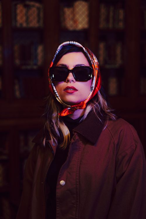 Free Fashionable woman indoors wearing sunglasses and a colorful headscarf, with a classic library background. Stock Photo