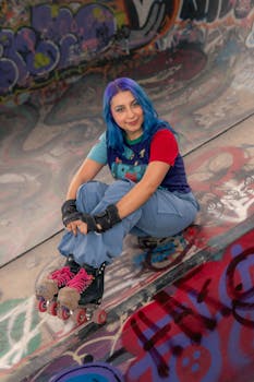 A vibrant portrait of a female roller skater with blue hair at a graffiti-decorated skatepark.