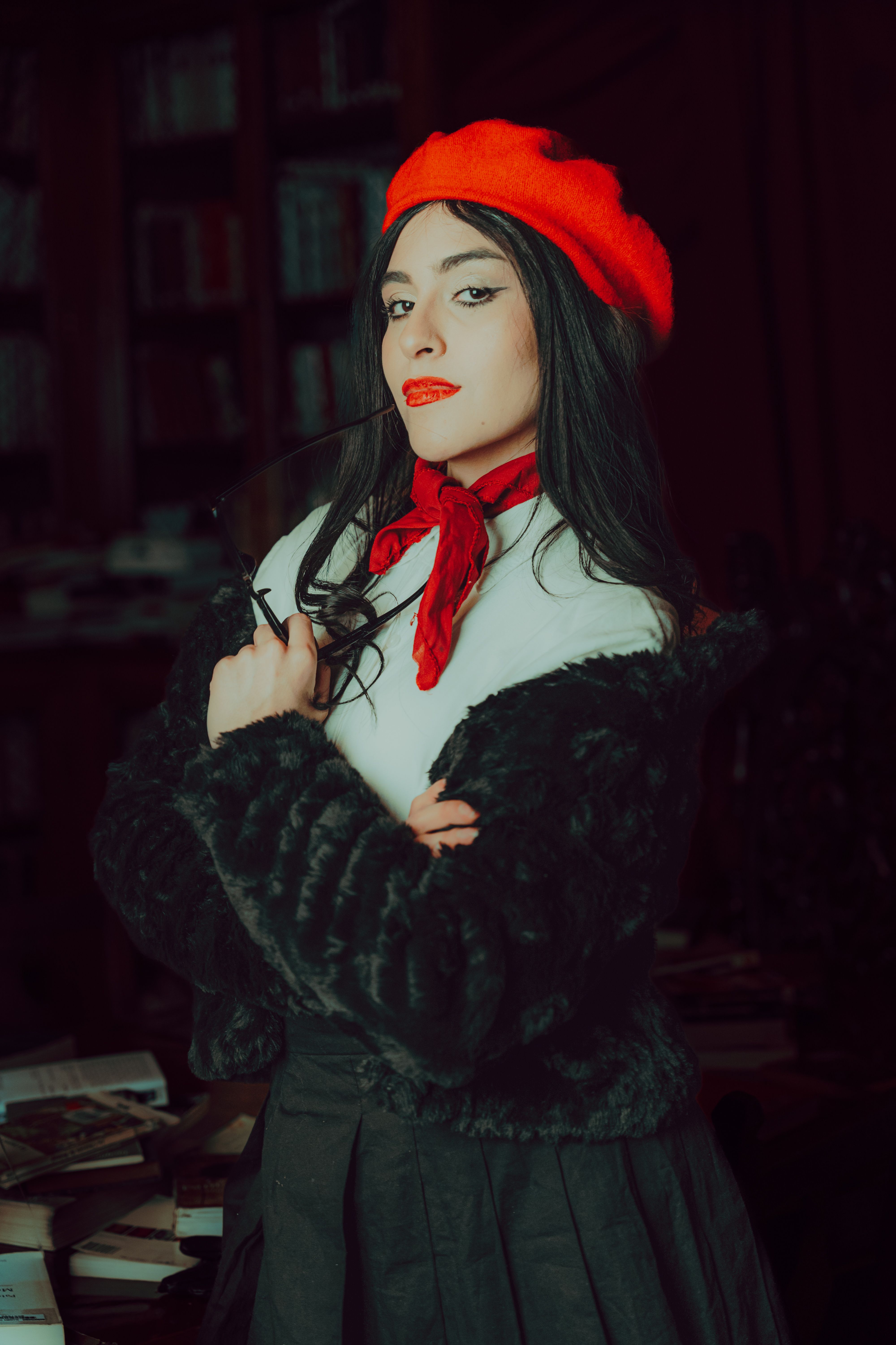 Elegant Woman in Red Beret and Fur Coat Indoors · Free Stock Photo