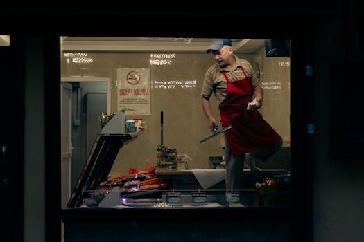 Un macellaio all'interno di un negozio di Bursa, in Turchia, indossa un grembiule e un berretto e lavora la carne.