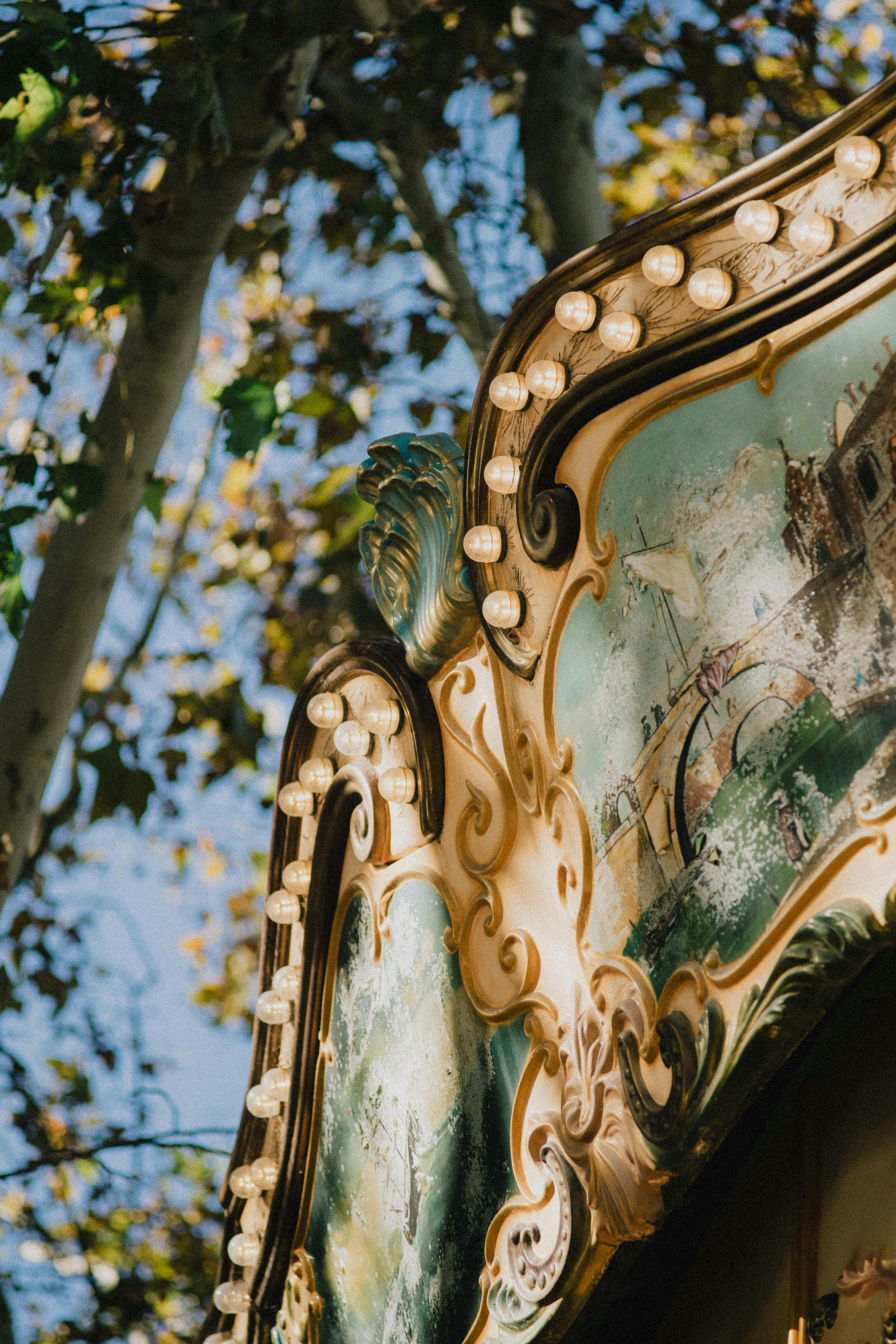 Ornate carousel detail with autumn sunlight in Avignon, France. Captivating contrast of intricate design and natural surroundings.
