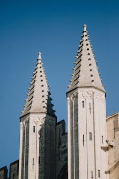 Close-up of the Gothic spires of Saint-Pierre Cathedral in Avignon, France against a clear blue sky.