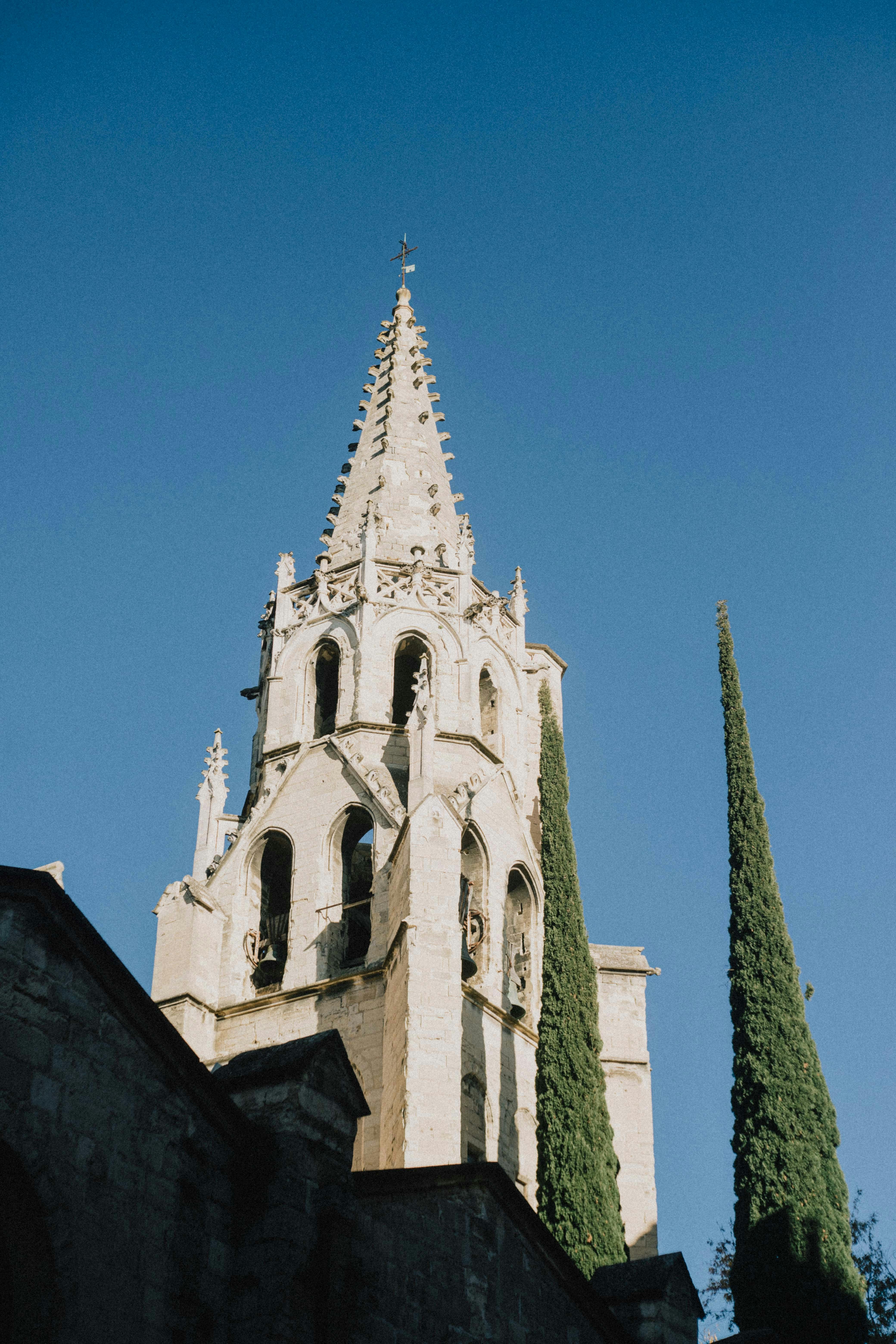 A striking view of the Avignon cathedral bell tower against a clear blue sky in Provence, France.