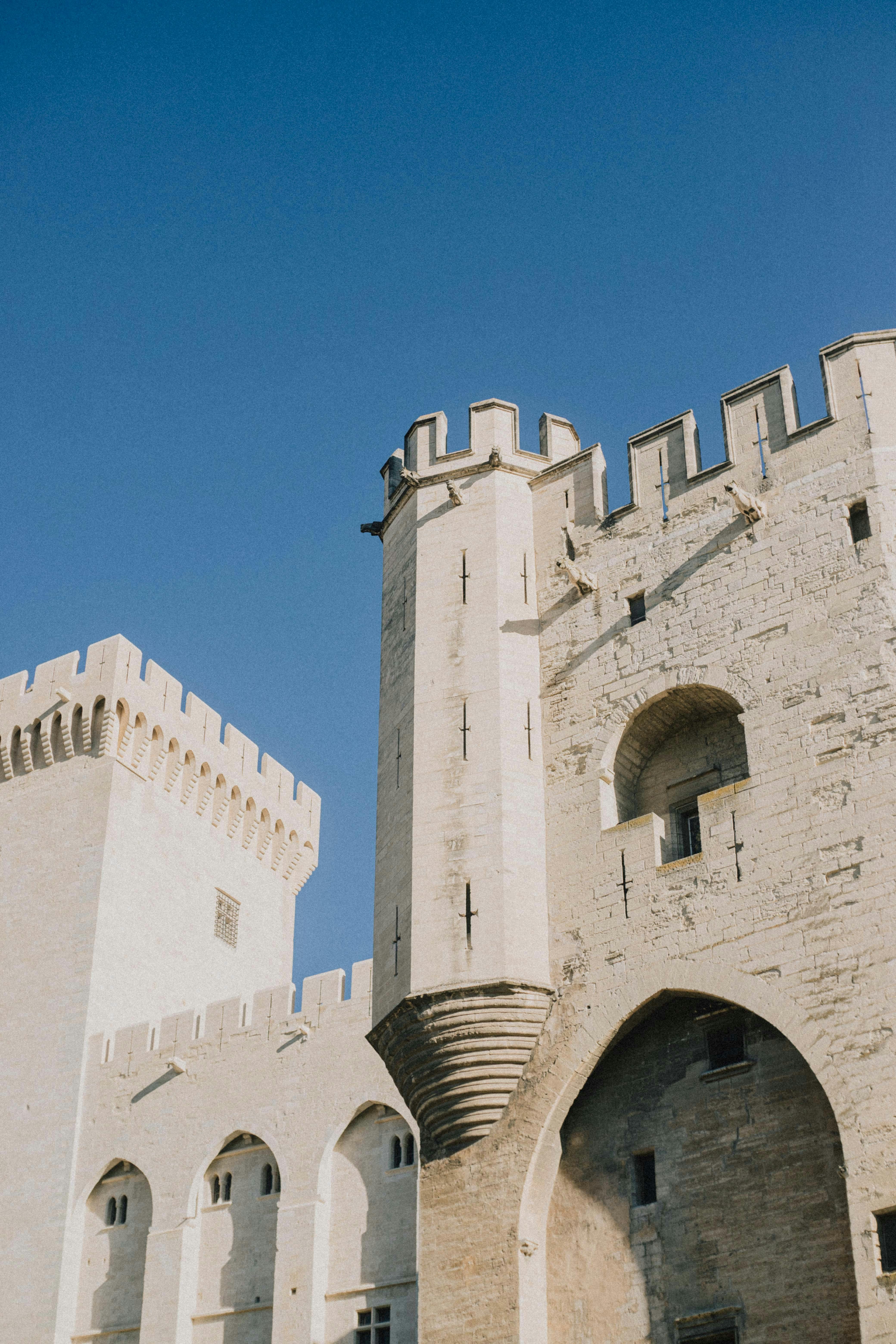 Majestic medieval castle in Avignon, Provence, showcasing ancient architecture under a bright blue sky.