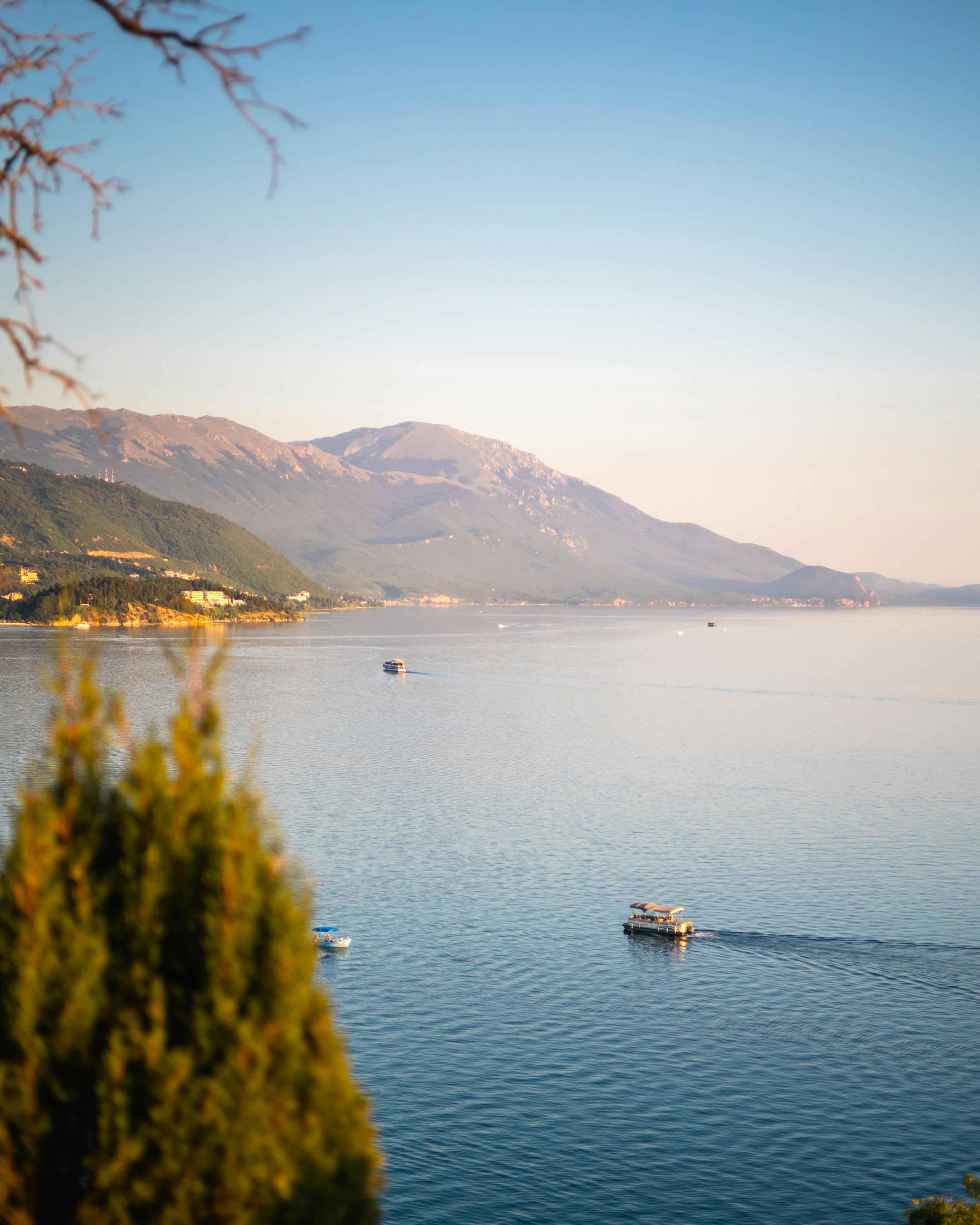 Tranquil scene of Lake Ohrid with picturesque mountains in the background