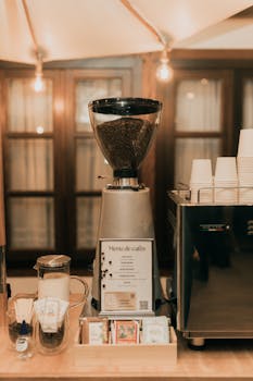 A warm, elegant coffee station with grinder and espresso machine in a cozy café ambiance.