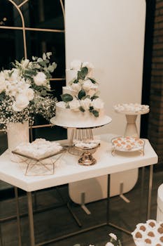Chic wedding dessert table featuring a white flower cake and elegant floral arrangements for a stylish celebration.