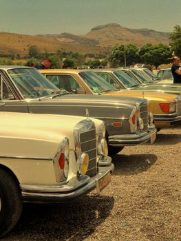 Line of classic Mercedes-Benz cars in a sunny outdoor landscape. Perfect for vintage enthusiasts.