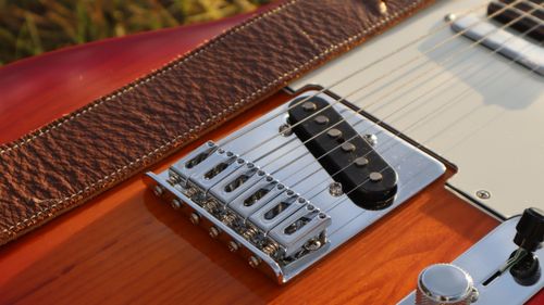 Free Detailed view of a telecaster electric guitar's bridge and strings in natural sunlight. Stock Photo
