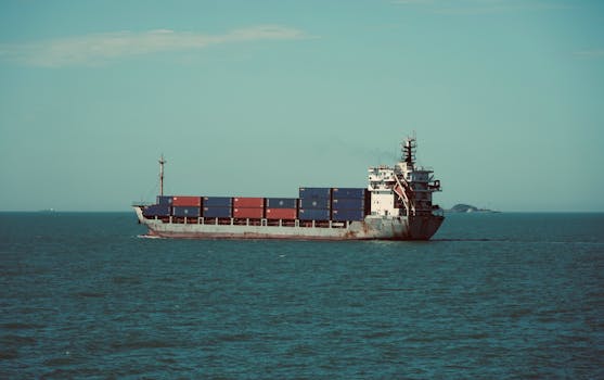 A cargo ship carrying blue and red containers sails across a calm sea under clear skies.